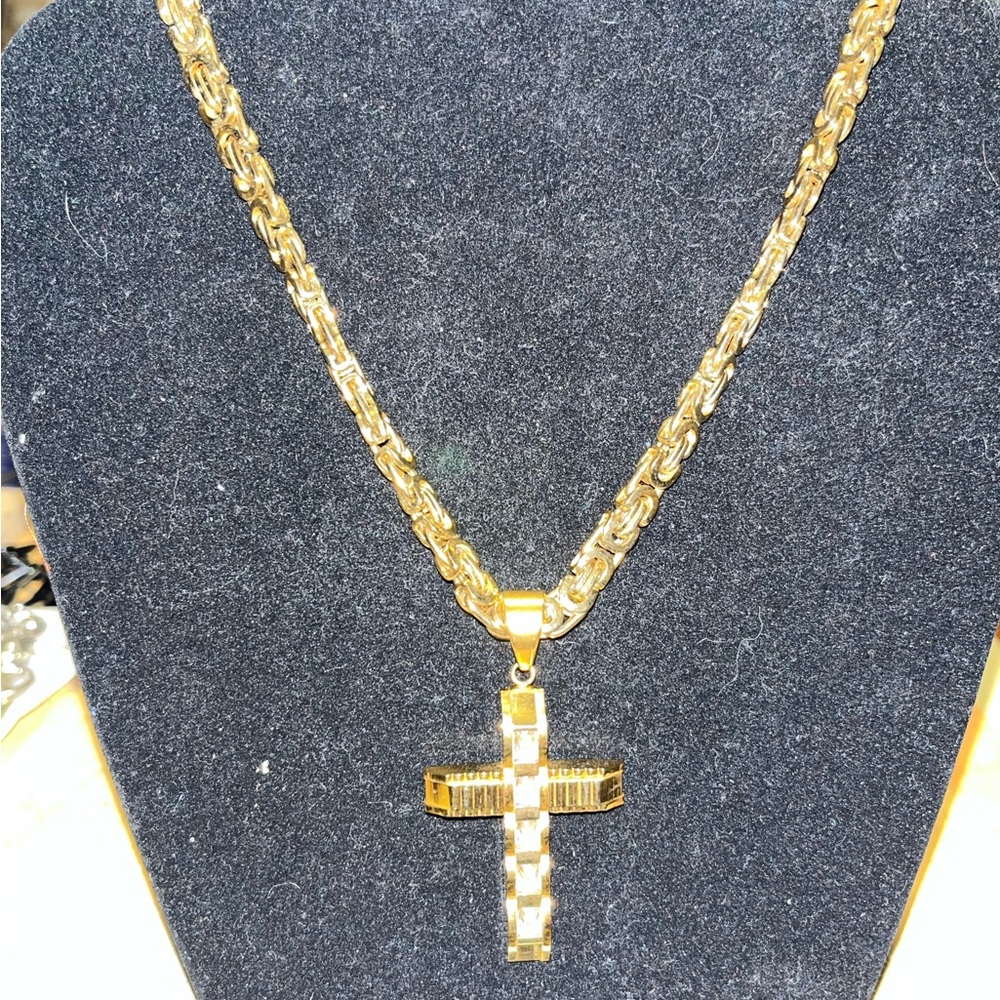 Yellow Gold Plated Byzantine Link Chain Necklace Solid Cross Pendant CZ Diamonds